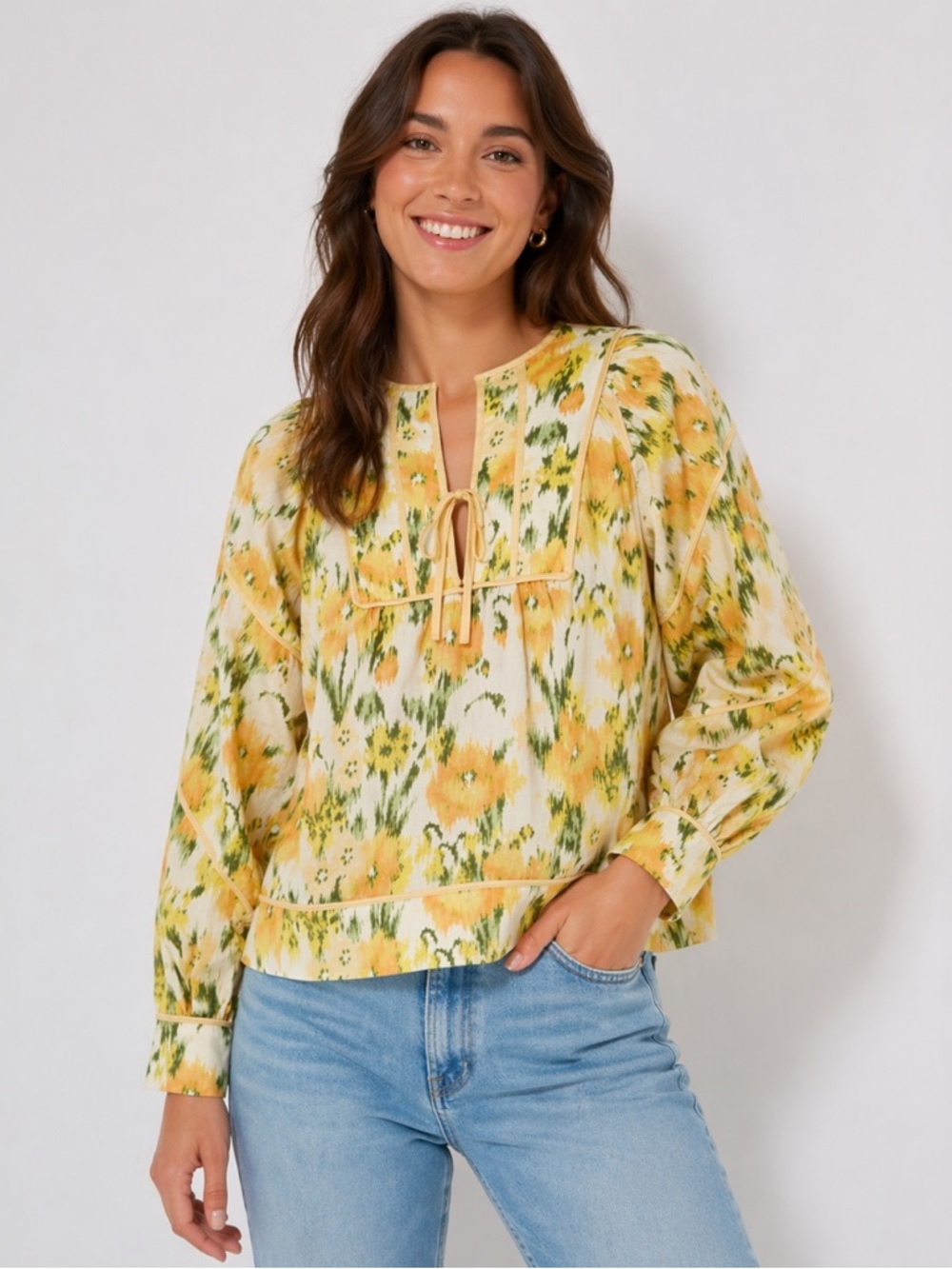 Tuckernuck Sun Showers Francie Blouse Yellow Floral Size Large